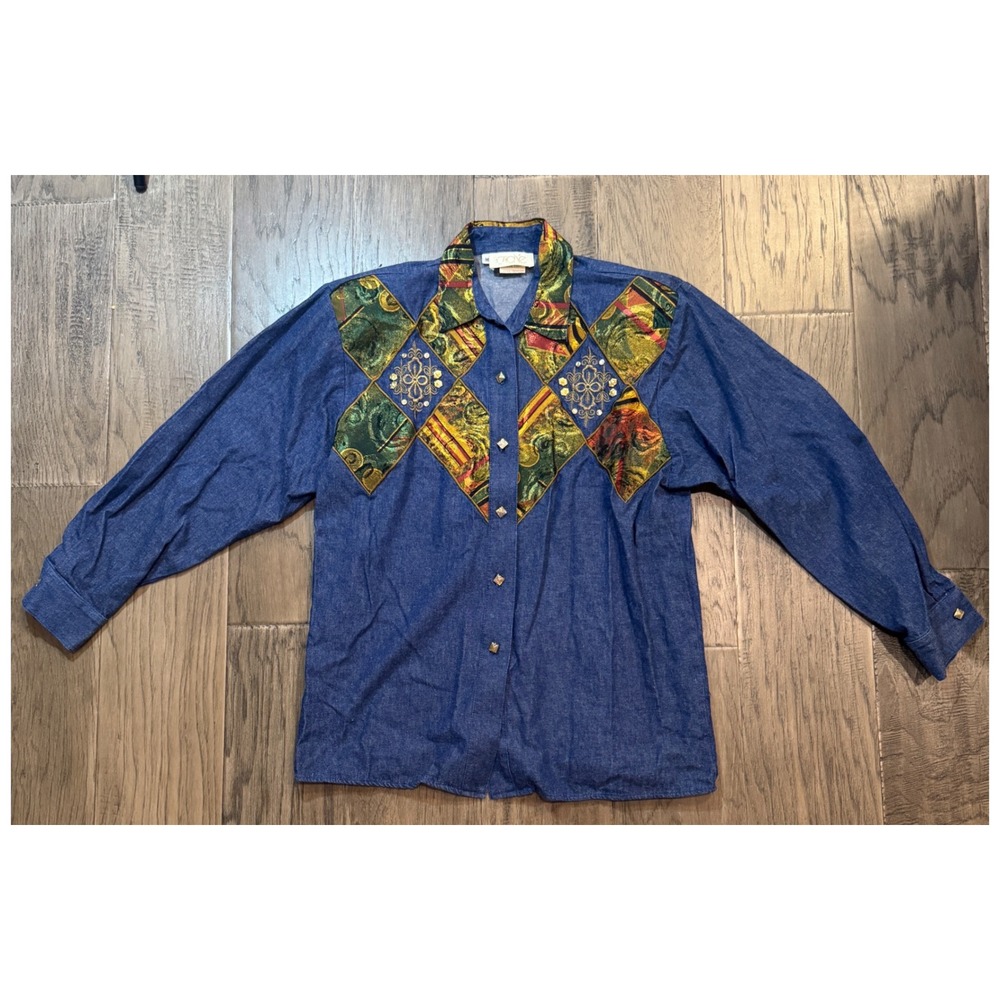 Vintage Cache Denim Button Down Shirt Medium Embellished Western Blouse - Picture 1 of 10